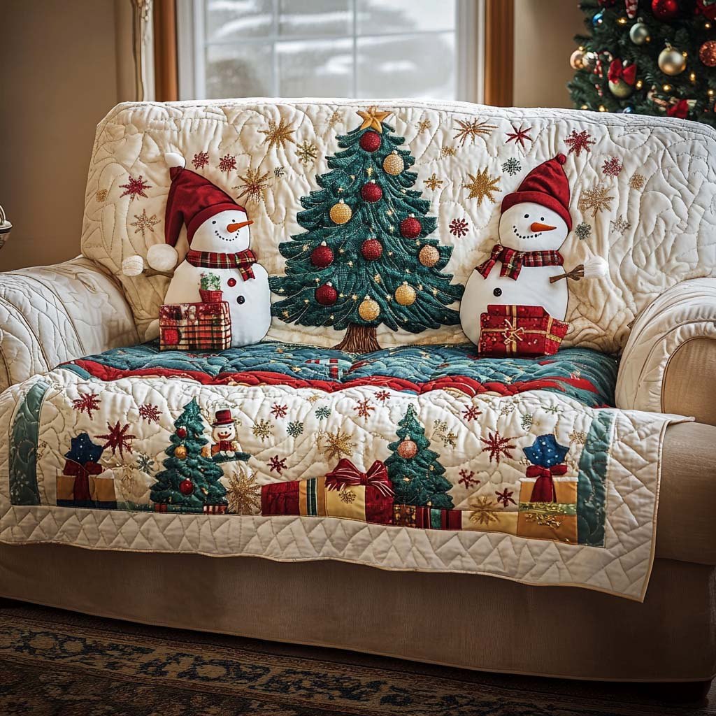 Snowmen Beside the Christmas Tree Sofa Cover