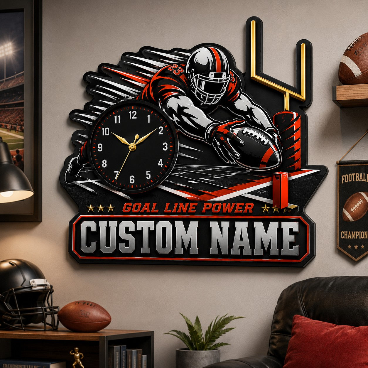 Football fan interiors Custom Name Wall Clock — personalized with a custom name