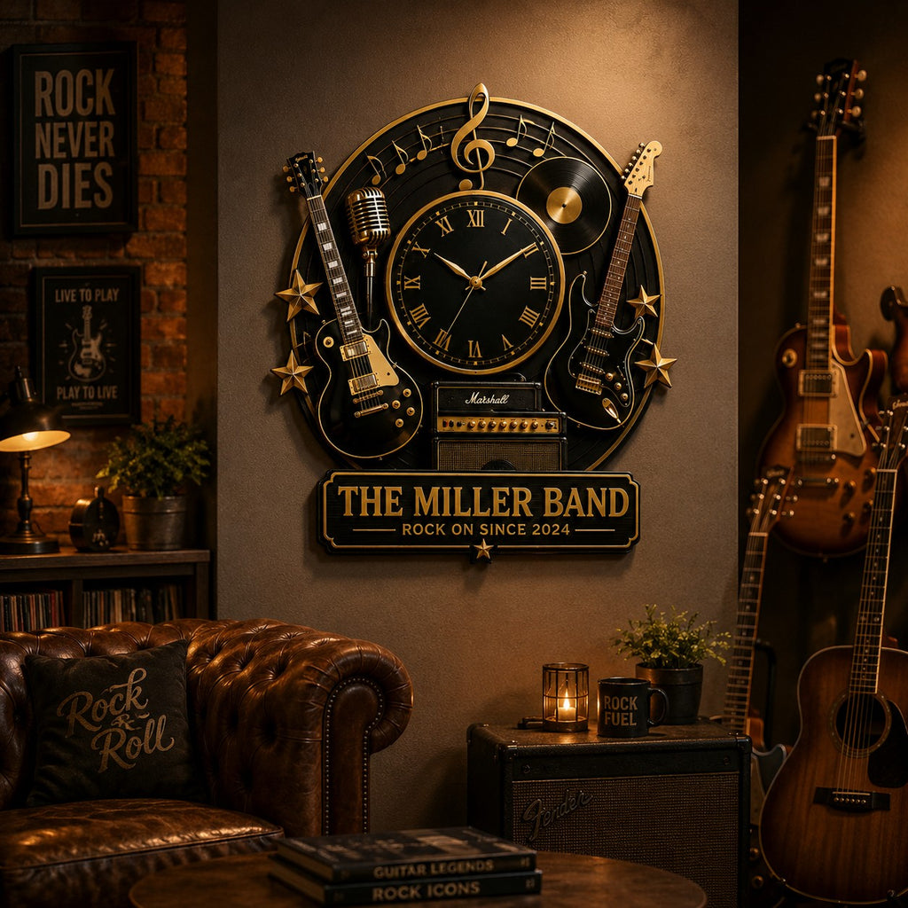 Personalized Rock Band Custom Name Wall Clock — personalized with a custom name