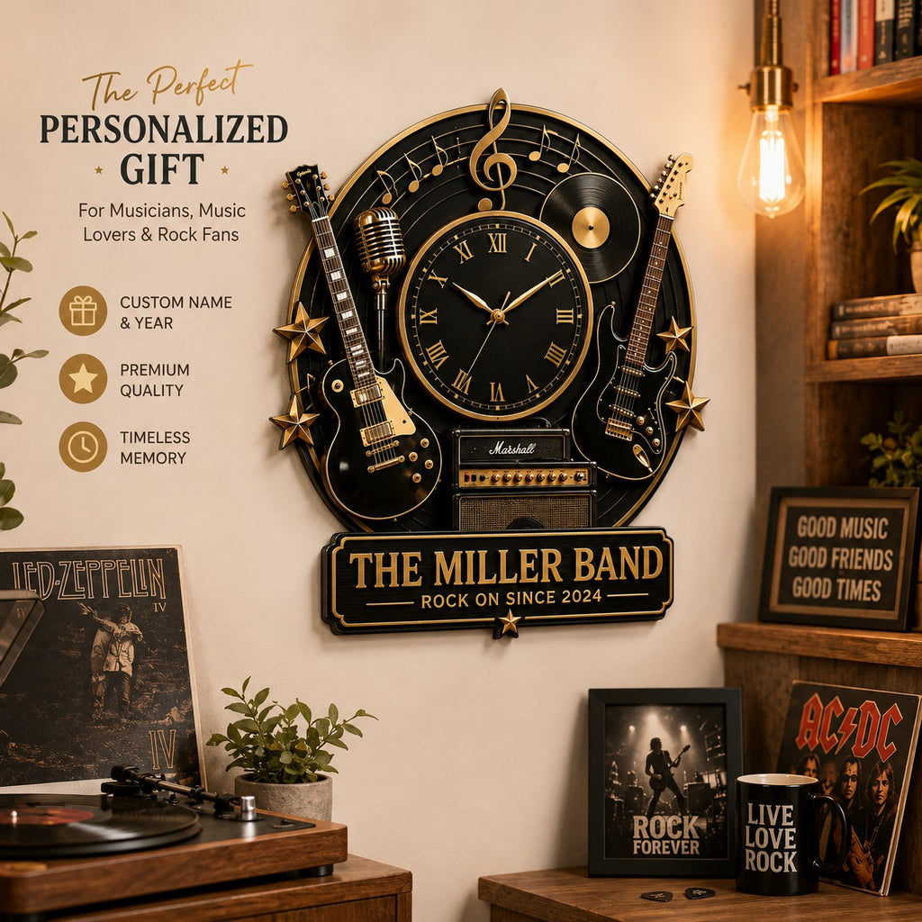 Personalized Rock Band Custom Name Wall Clock — personalized with a custom name