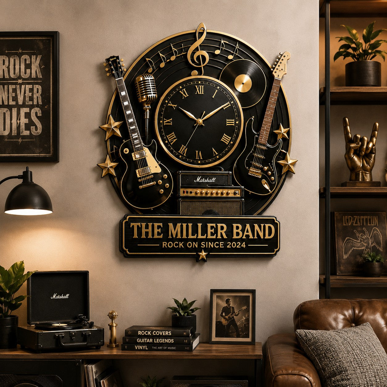 Personalized Rock Band Custom Name Wall Clock — personalized with a custom name