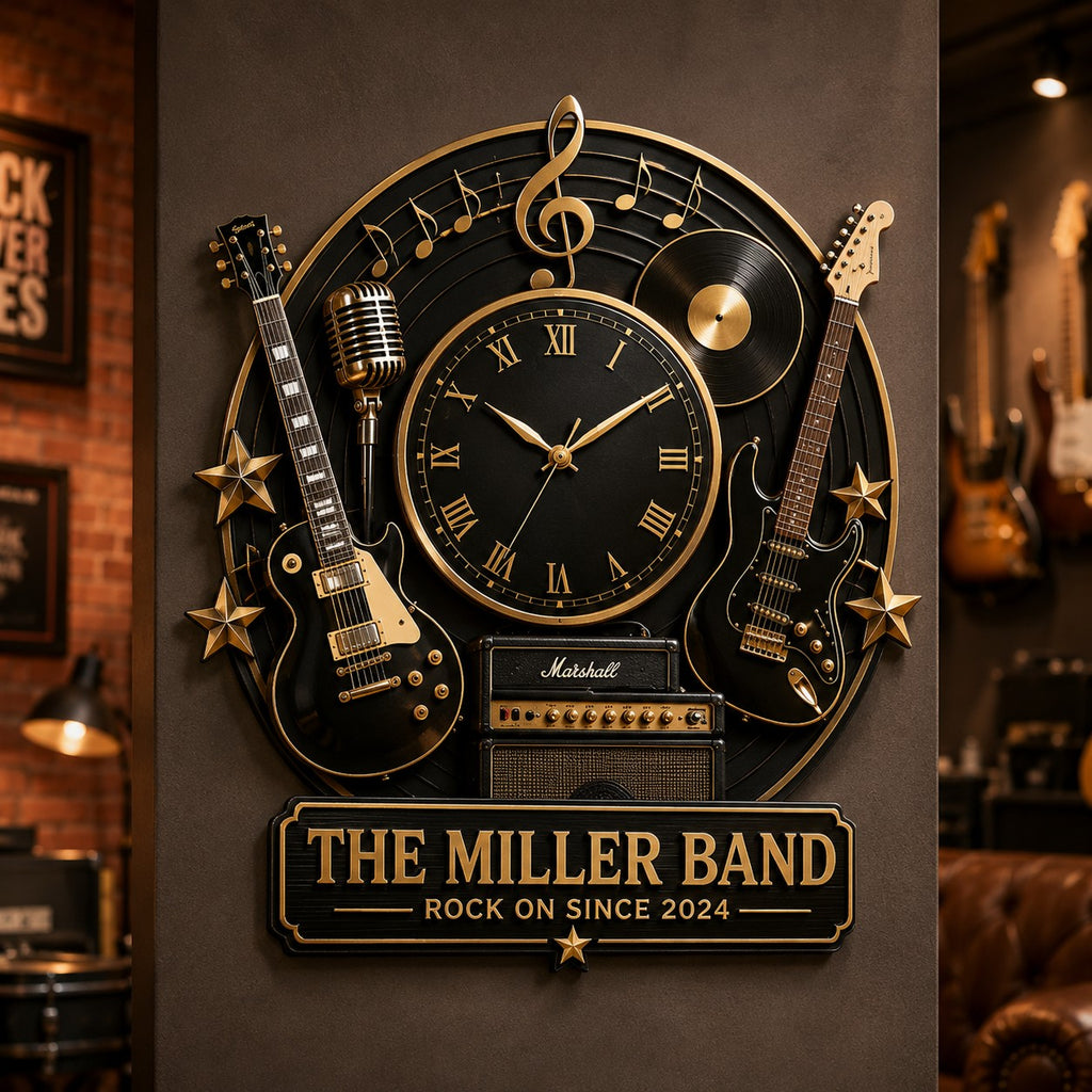 Personalized Rock Band Custom Name Wall Clock — personalized with a custom name