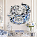 Personalized Reclining White Tiger Wall Clock with a custom name set into the design