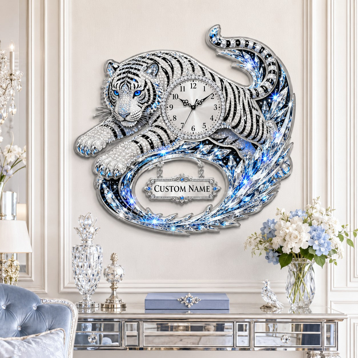 Reclining white tiger Custom Name Wall Clock — personalized with a custom name