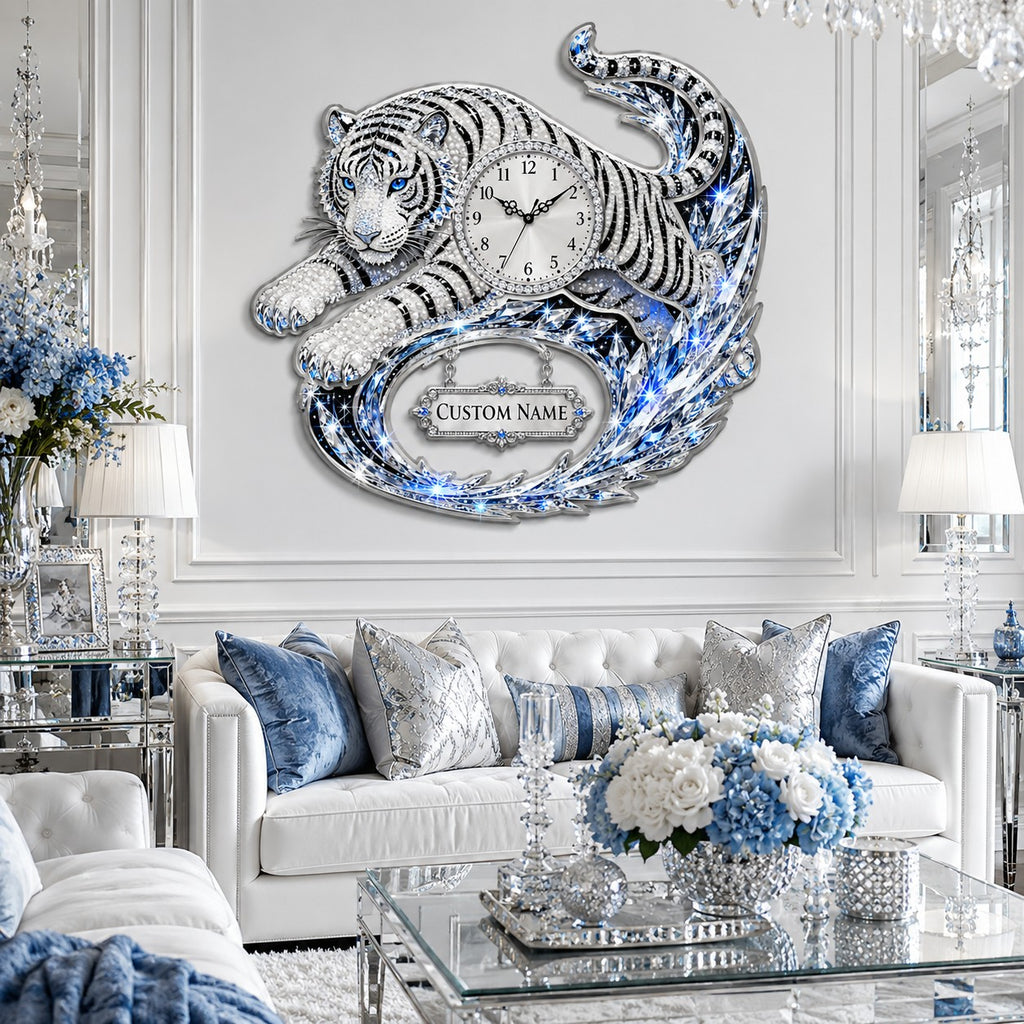 Reclining white tiger Custom Name Wall Clock — personalized with a custom name