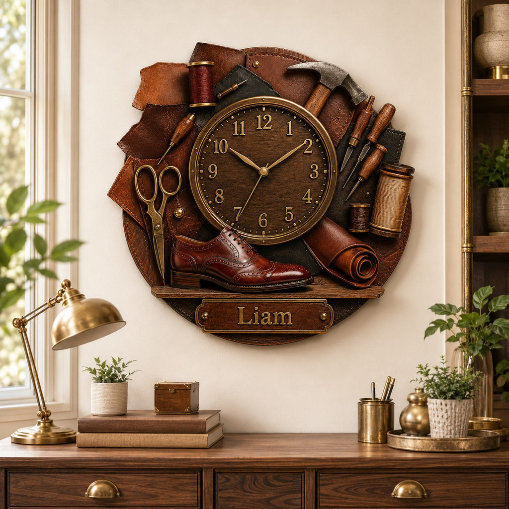 Leatherworker Custom Name Wall Clock — personalized with a custom name