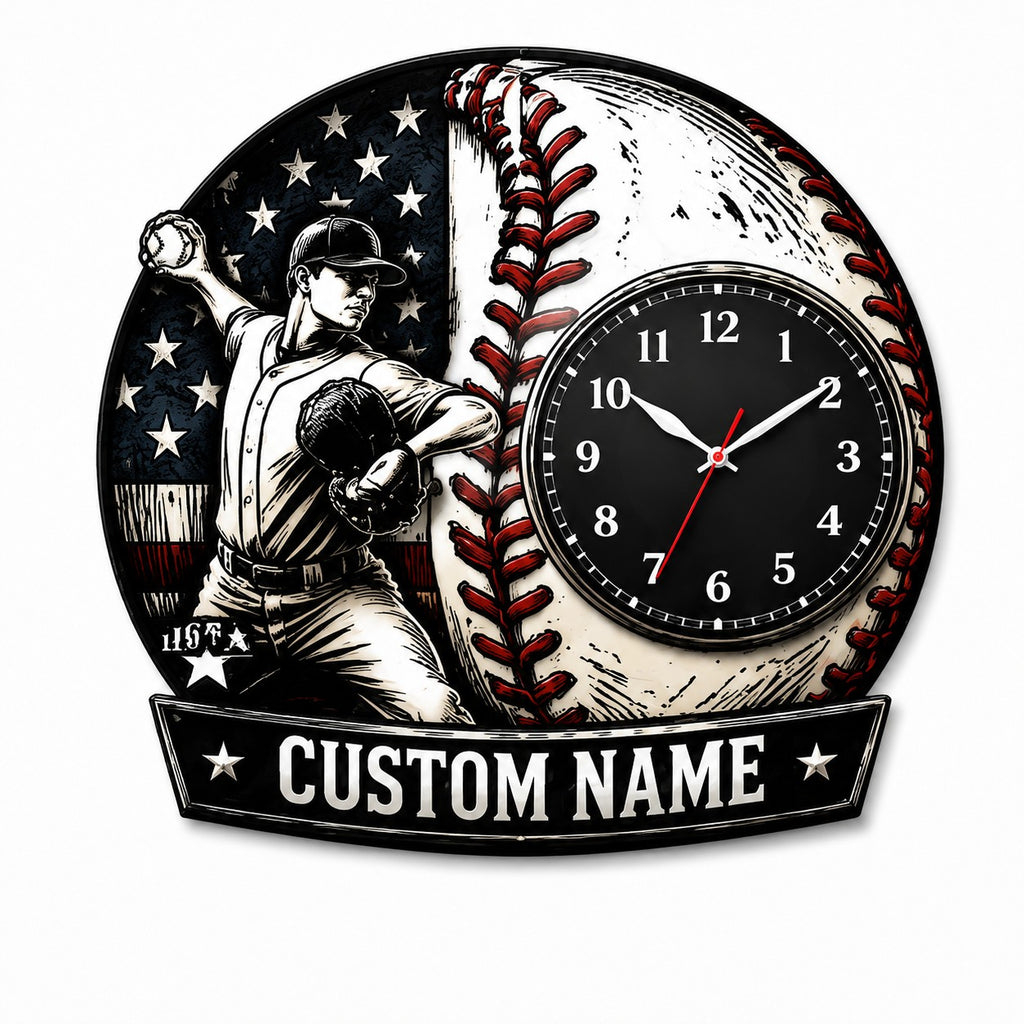Youth baseball pitchers Custom Name Wall Clock — personalized with a custom name