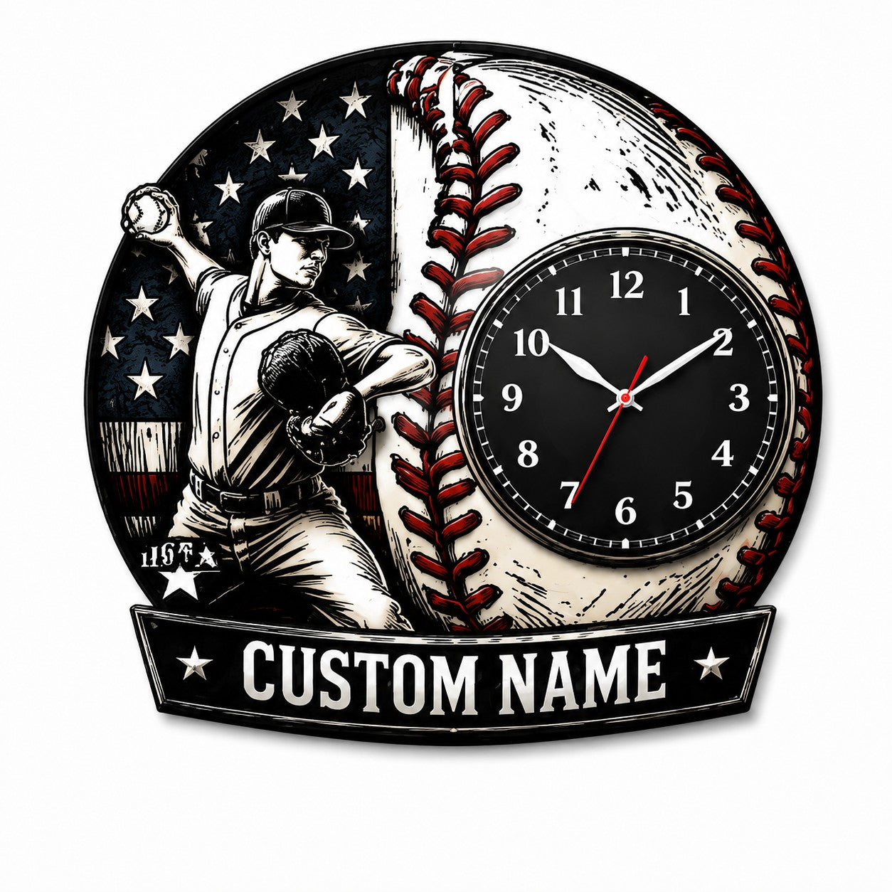 Youth baseball pitchers Custom Name Wall Clock — personalized with a custom name