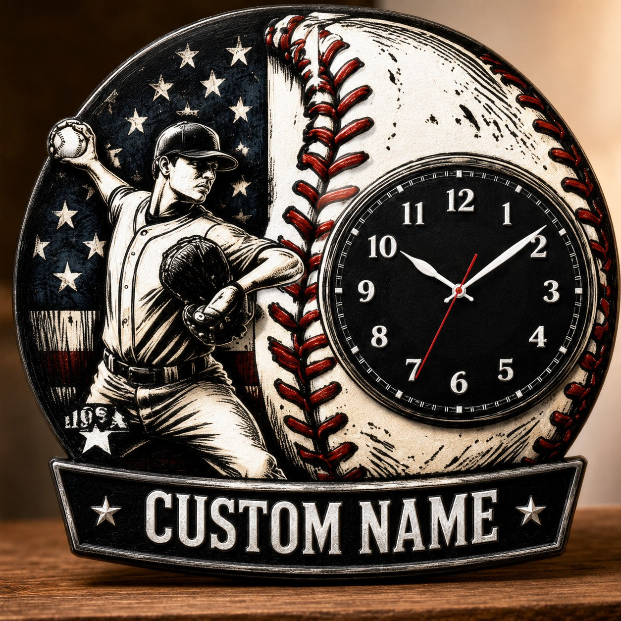 Youth baseball pitchers Custom Name Wall Clock — personalized with a custom name