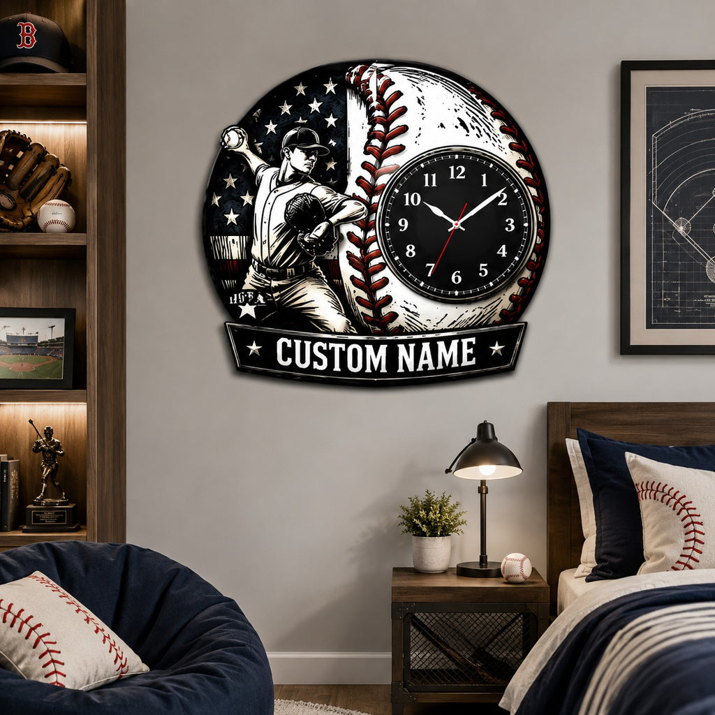 Youth baseball pitchers Custom Name Wall Clock — personalized with a custom name