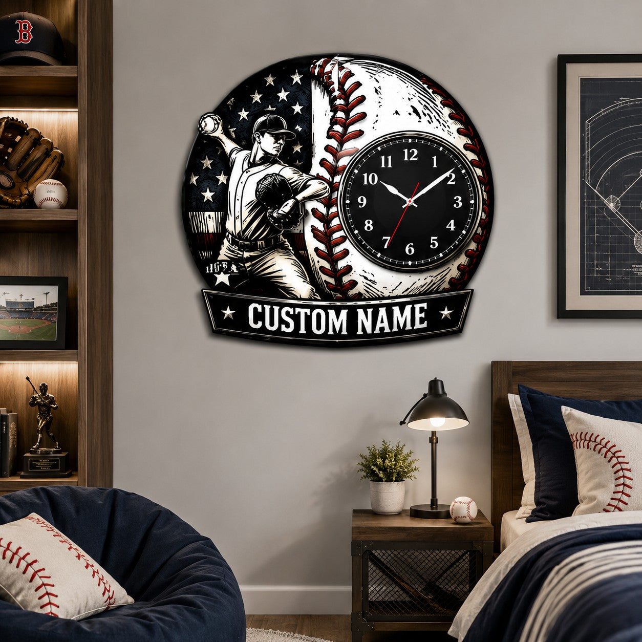 Youth baseball pitchers Custom Name Wall Clock — personalized with a custom name