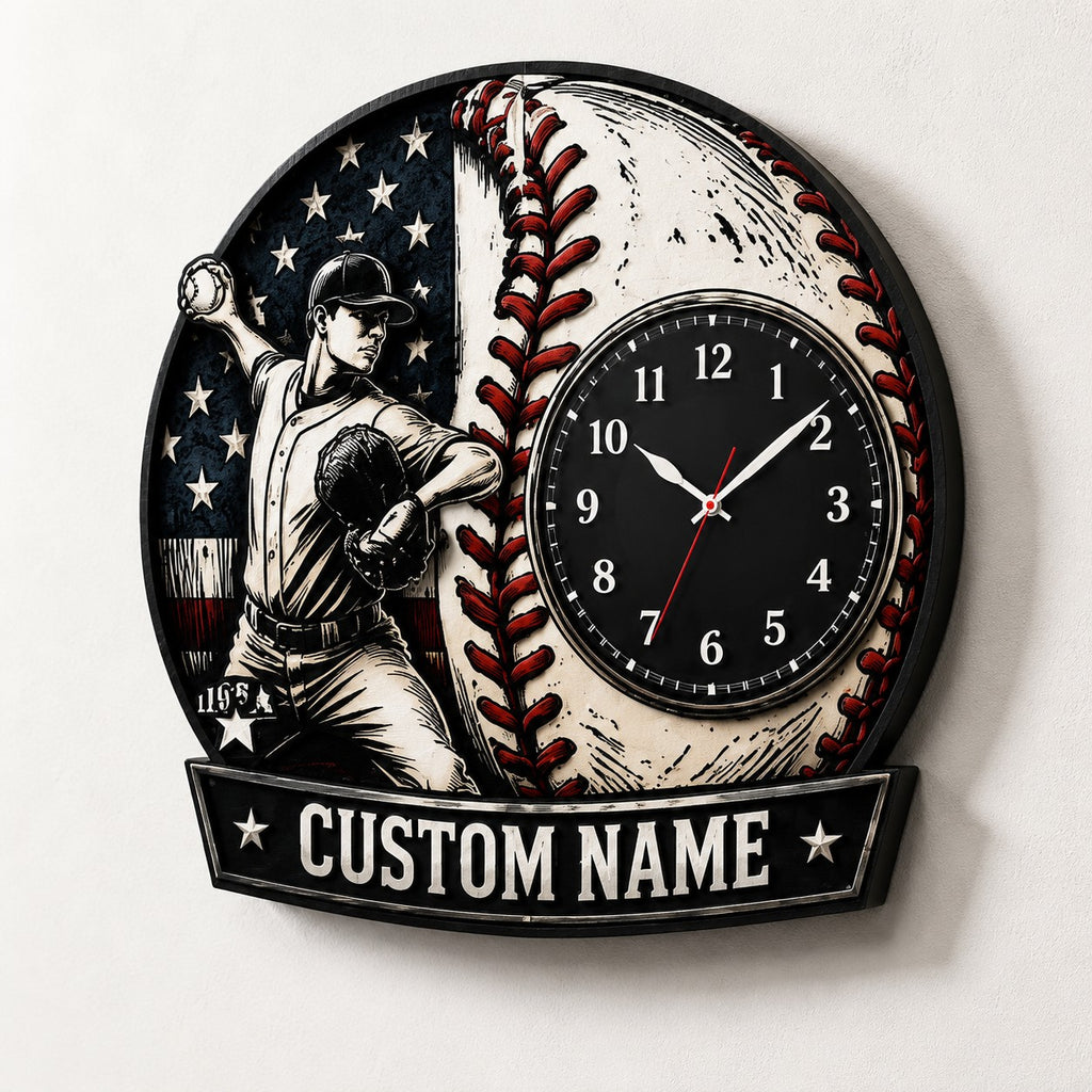 Youth baseball pitchers Custom Name Wall Clock — personalized with a custom name