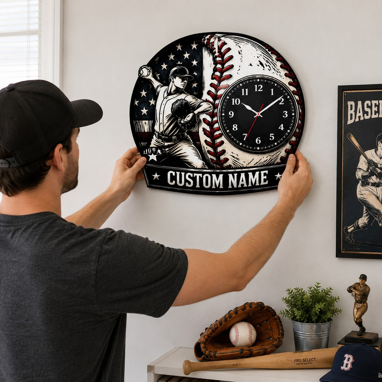 Youth baseball pitchers Custom Name Wall Clock — personalized with a custom name