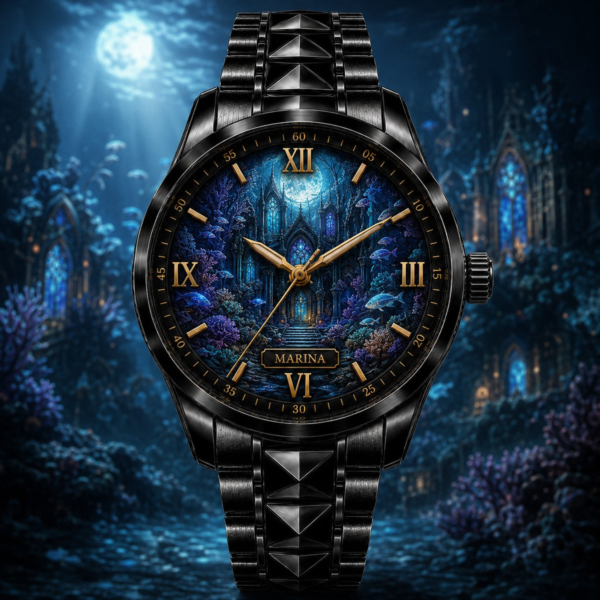 Custom Underwater Gothic Cathedral Watch — personalized with a custom name