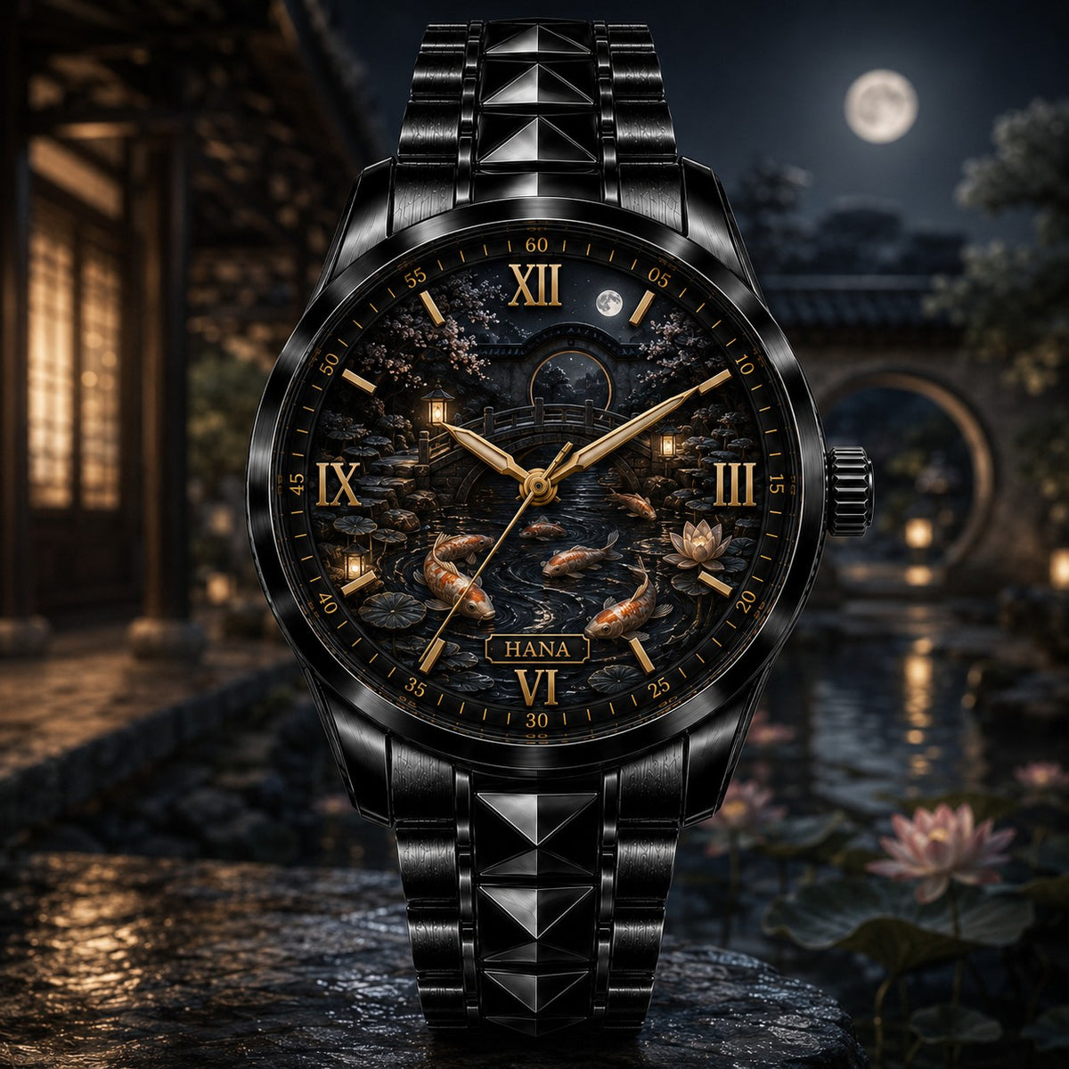 Custom Moonlit Koi Garden Watch — personalized with a custom name