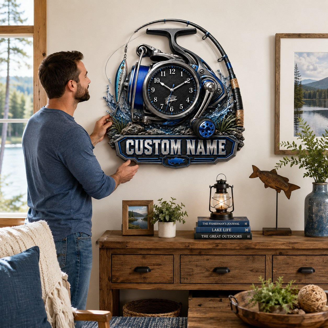 Fishing reel Custom Name Wall Clock — personalized with a custom name