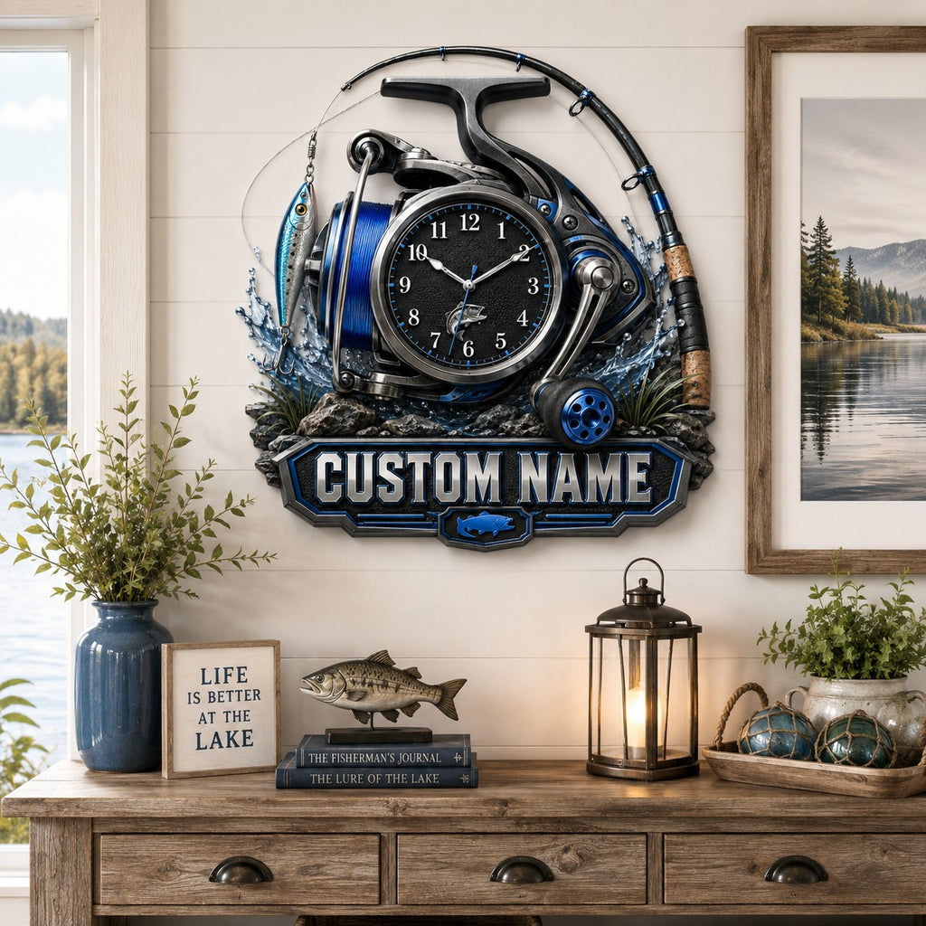Fishing reel Custom Name Wall Clock — personalized with a custom name