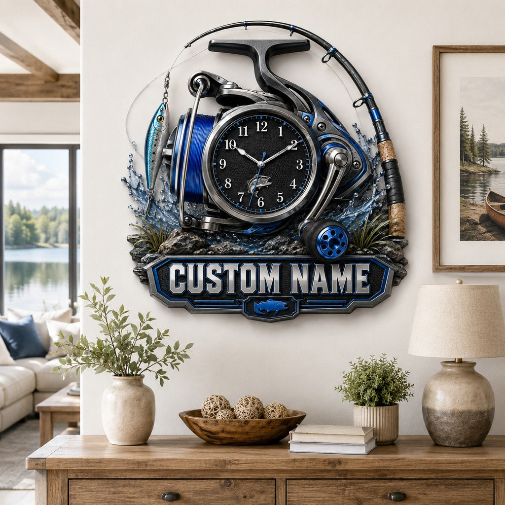 Fishing reel Custom Name Wall Clock — personalized with a custom name