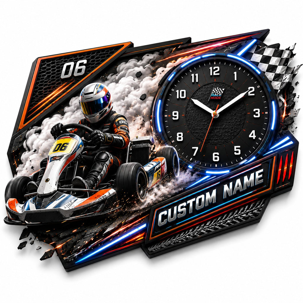Junior kart racers Custom Name Wall Clock — personalized with a custom name