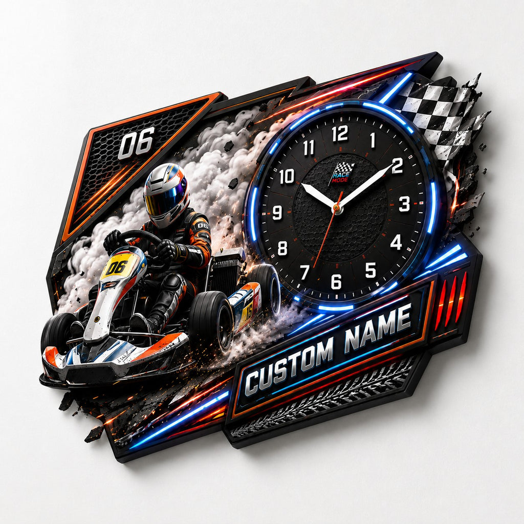 Junior kart racers Custom Name Wall Clock — personalized with a custom name