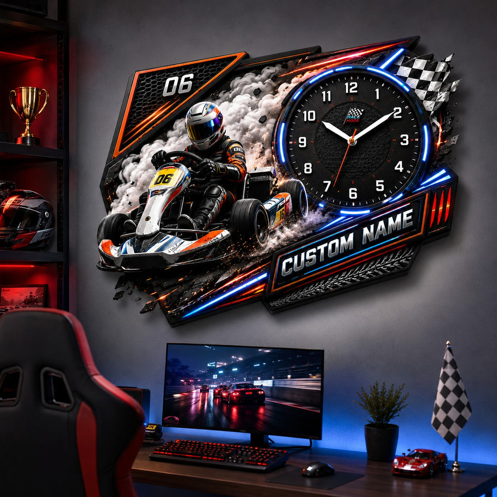 Junior kart racers Custom Name Wall Clock — personalized with a custom name