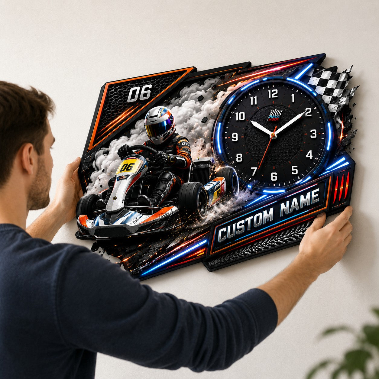 Junior kart racers Custom Name Wall Clock — personalized with a custom name