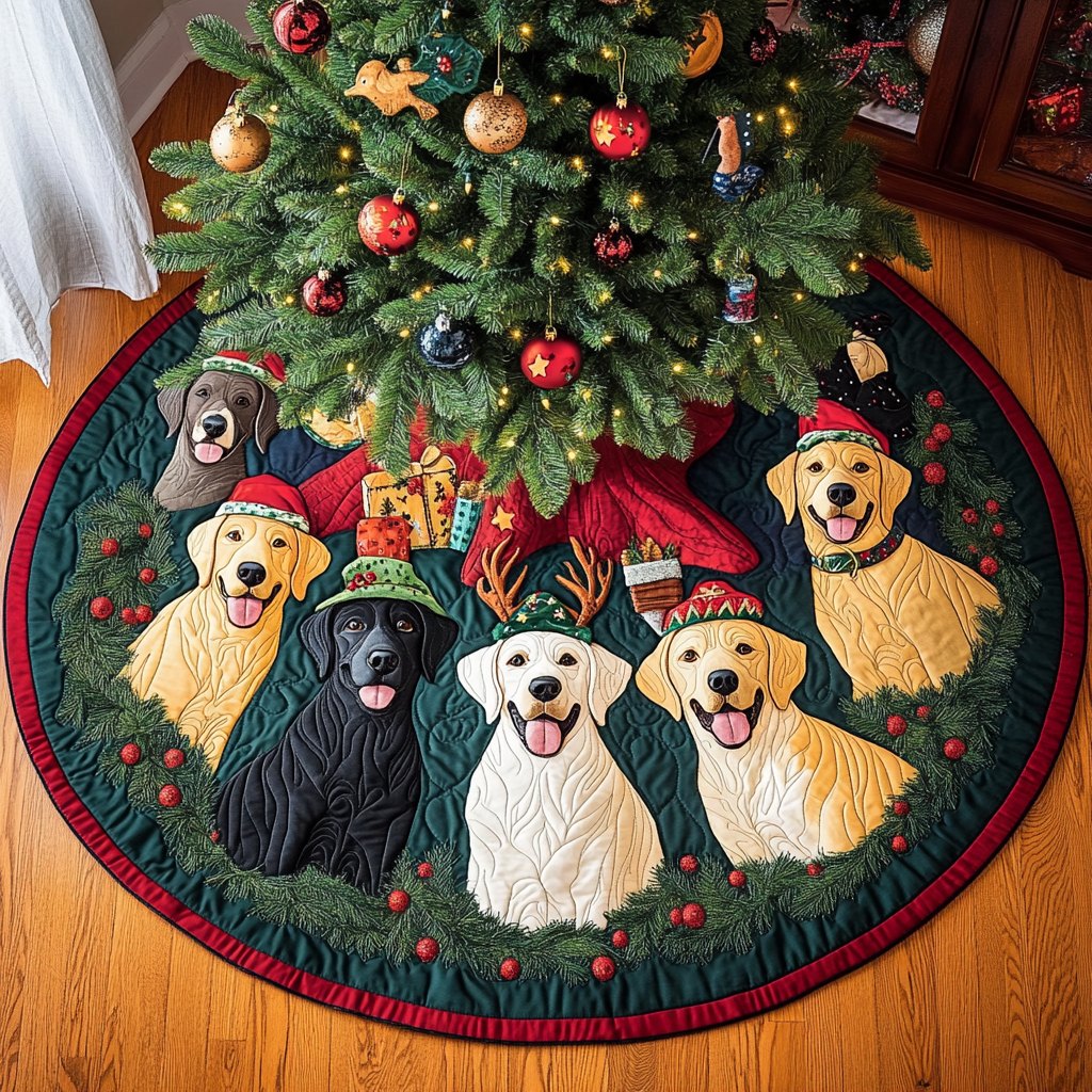 Labs in Santa Hats and Antlers Christmas Tree Skirt