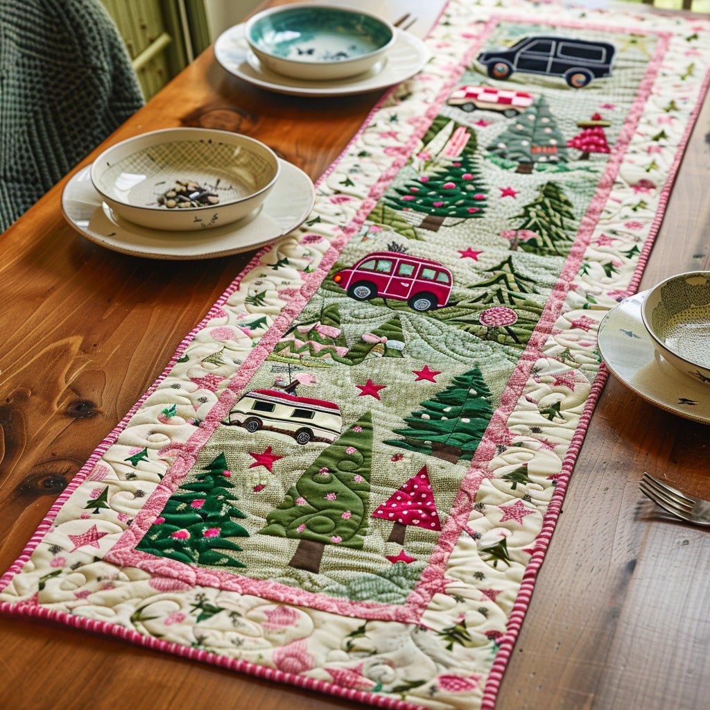 Pink Camper with Christmas Trees Table Runner