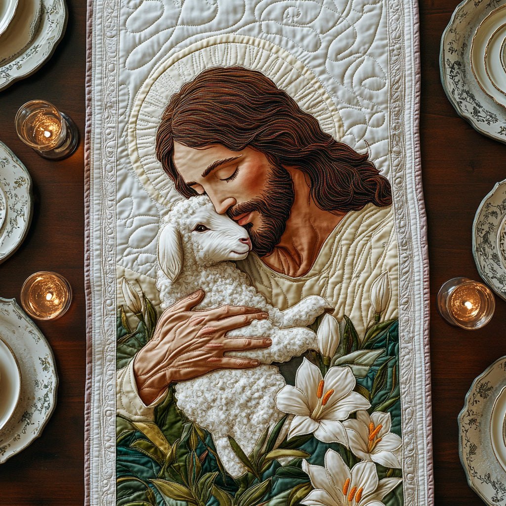 Jesus Holding Lamb with Lilies Table Runner