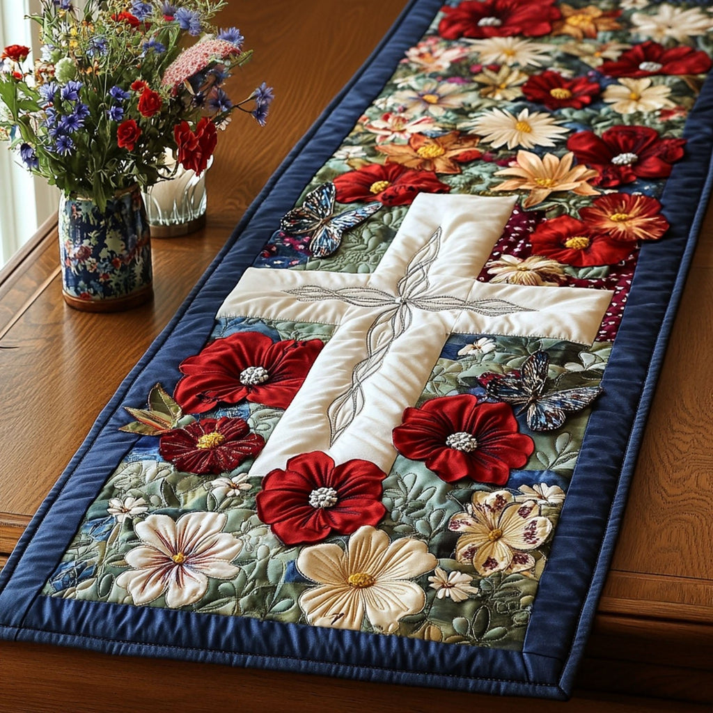 White Cross with Poinsettia and Lilies Table Runner