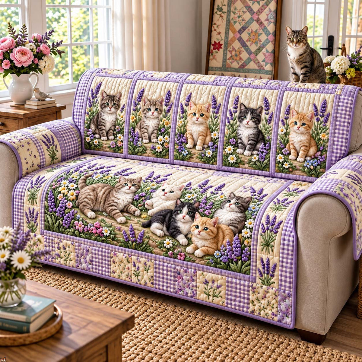 Lavender Garden Kittens Sofa Cover