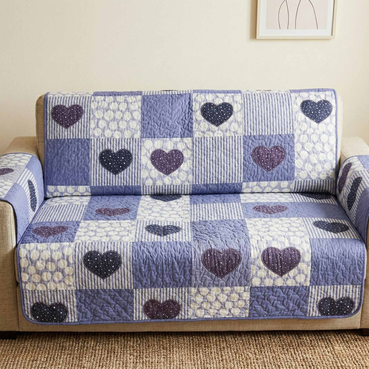Hearts on Blue and White Checks Sofa Cover
