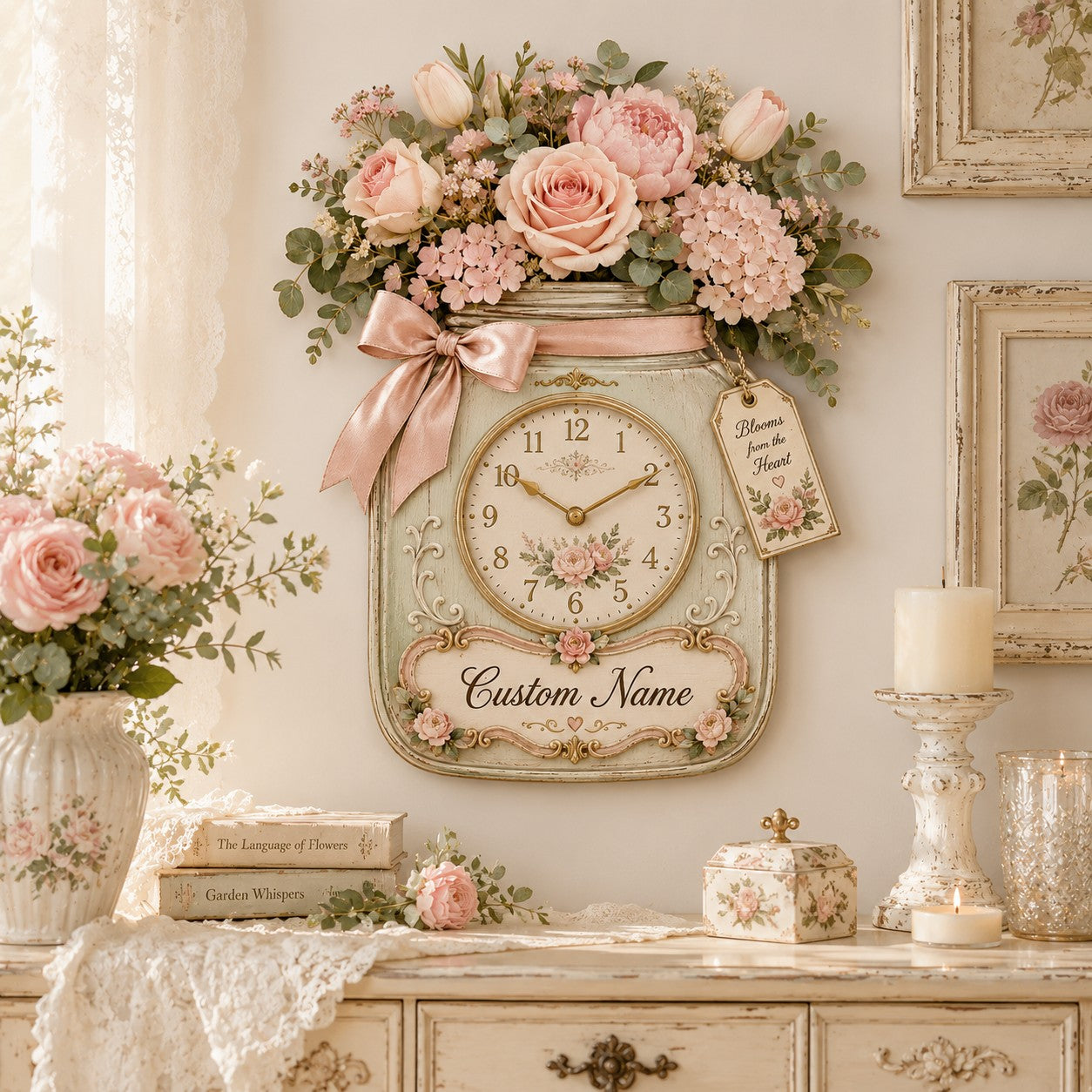 Floral mason jar Custom Name Wall Clock — personalized with a custom name