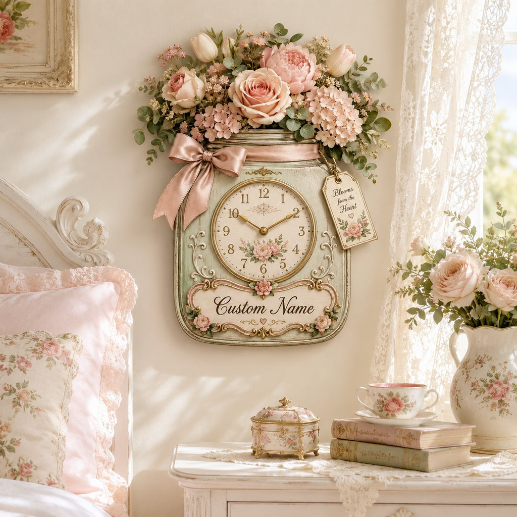 Floral mason jar Custom Name Wall Clock — personalized with a custom name