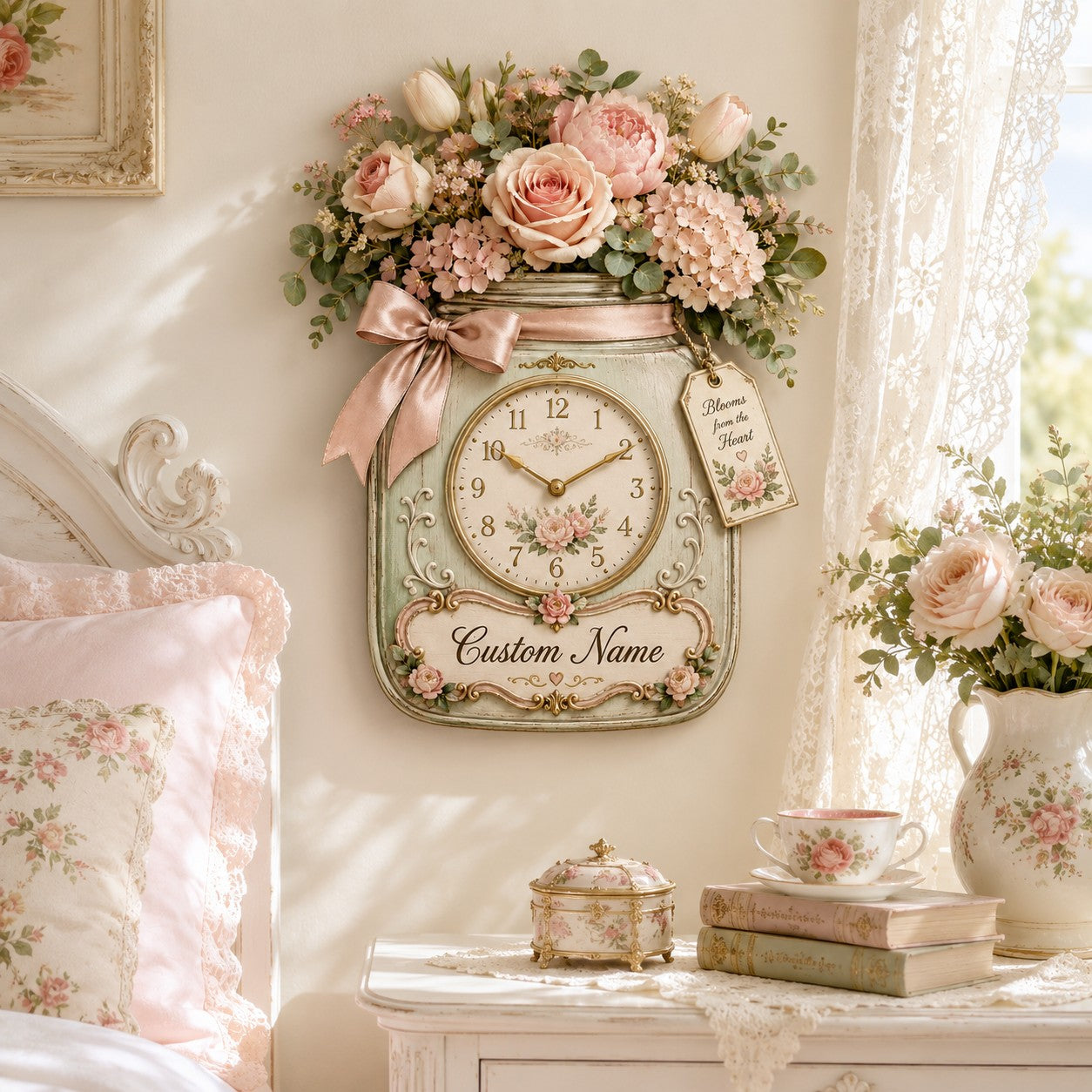 Floral mason jar Custom Name Wall Clock — personalized with a custom name
