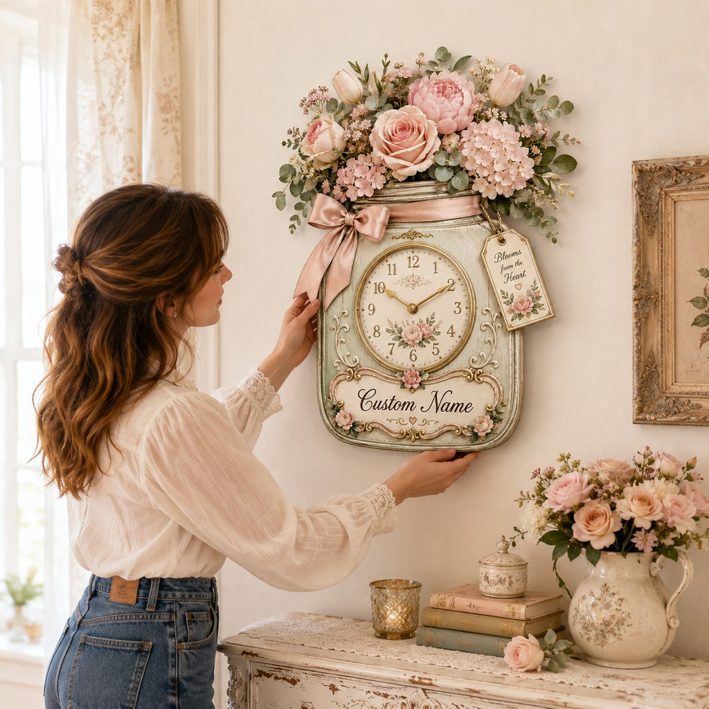 Floral mason jar Custom Name Wall Clock — personalized with a custom name