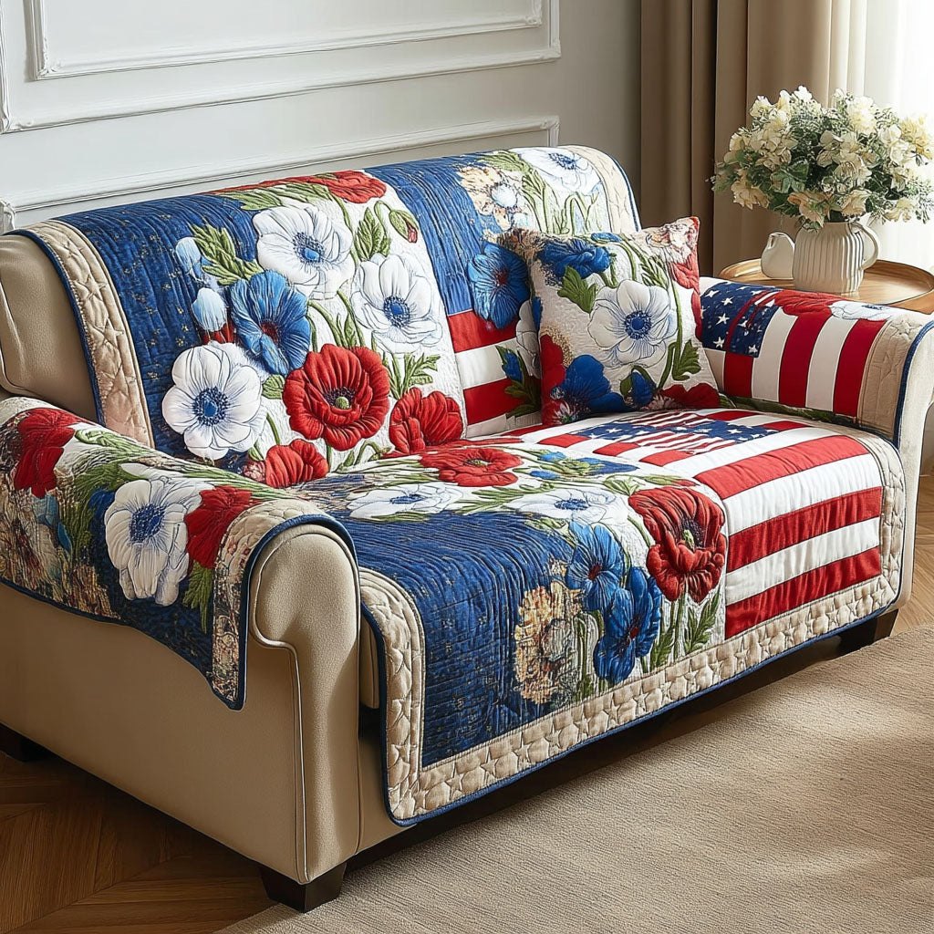 Poppies on the Flag Stripes Sofa Cover