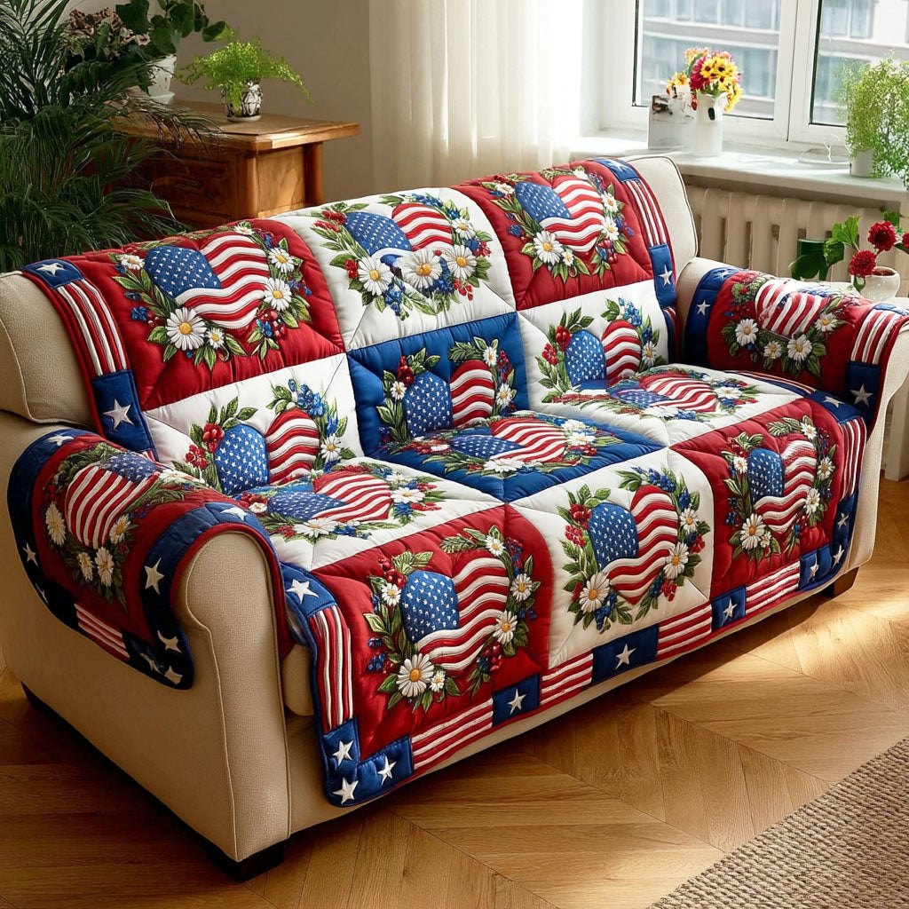Patriotic Floral Blocks with Flags Sofa Cover