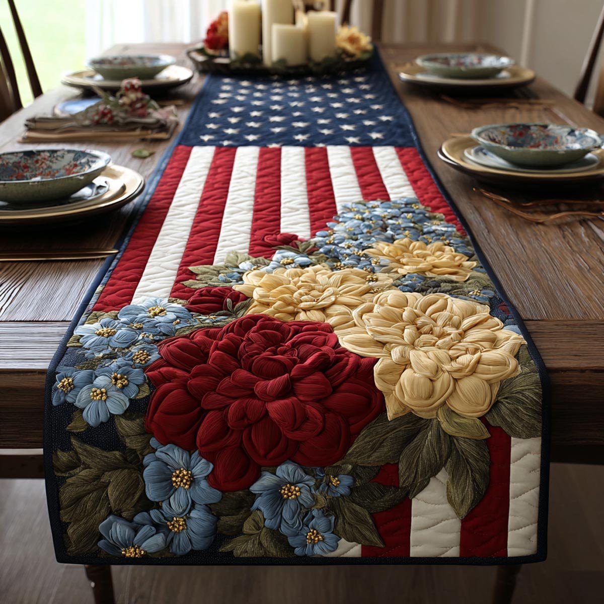 Red and Cream Roses on the Flag Table Runner