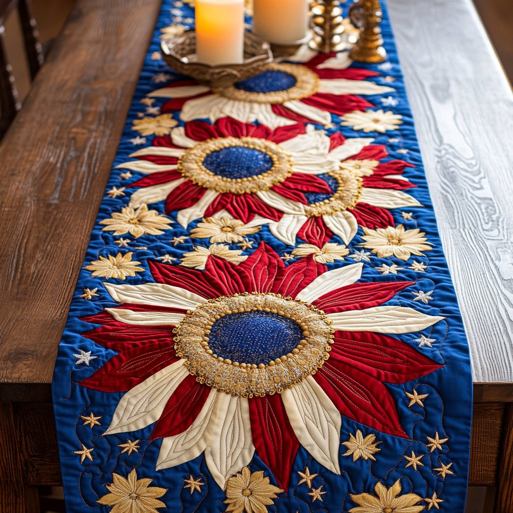 Patriotic Sunflowers in Red and Blue Table Runner