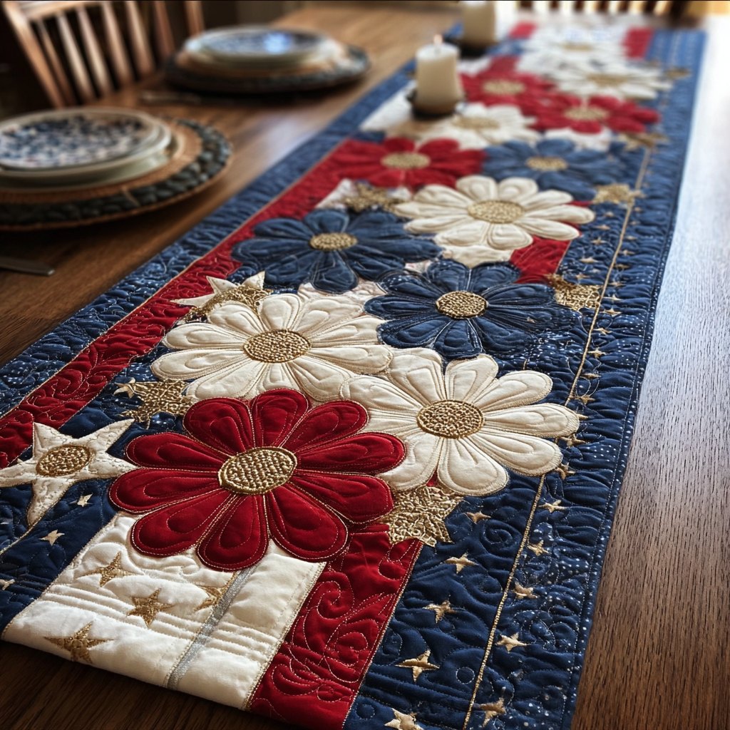 White and Red Daisies on Navy Table Runner