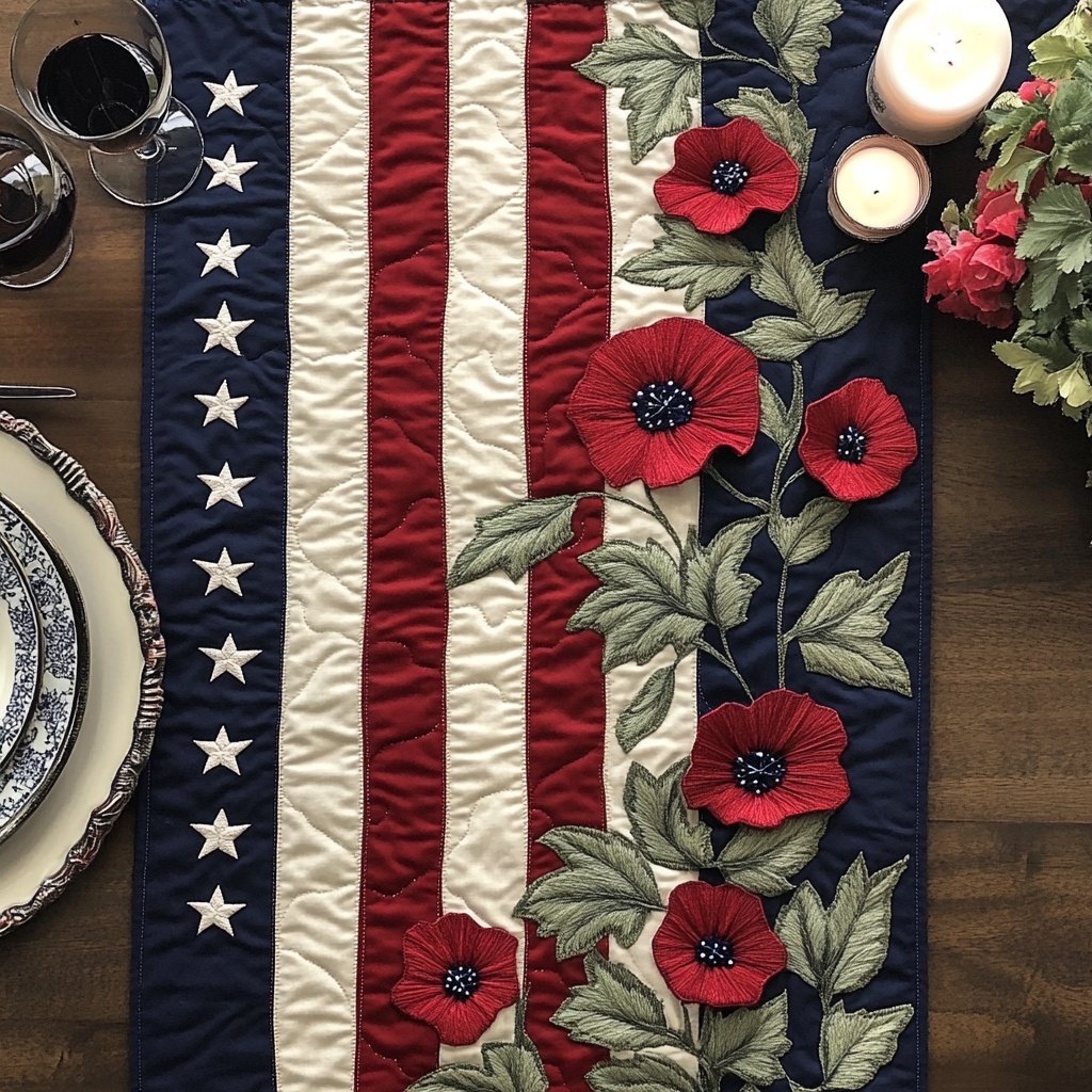 Poppies with Stars and Stripes Table Runner
