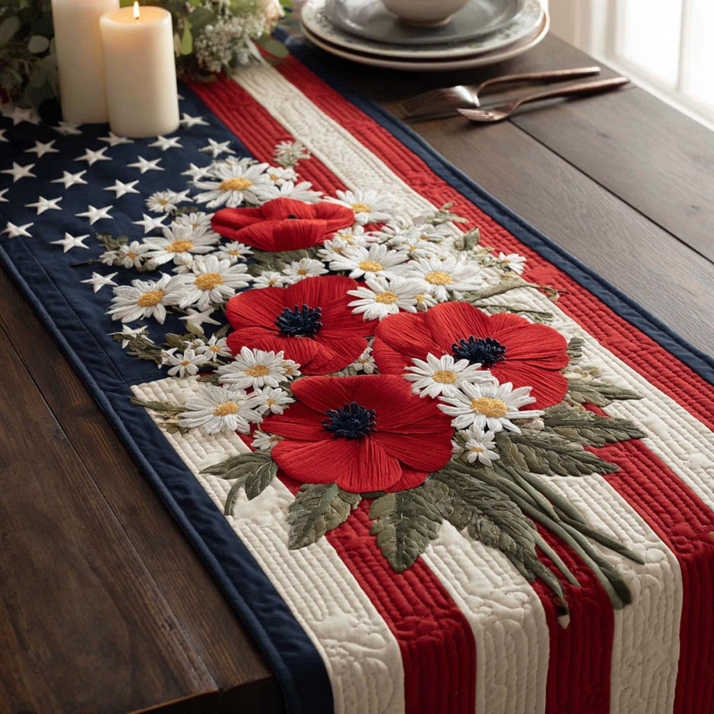 Red Poppies and Daisies on the Flag Table Runner