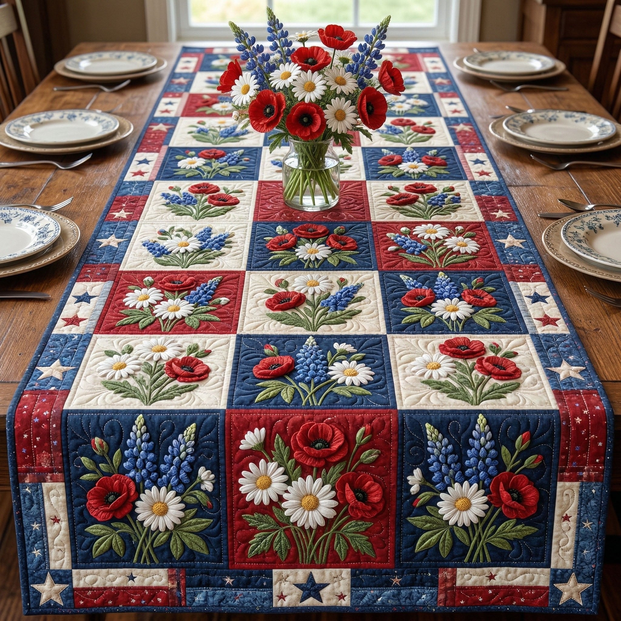 Patriotic Flower Blocks with Bluebonnets Table Runner