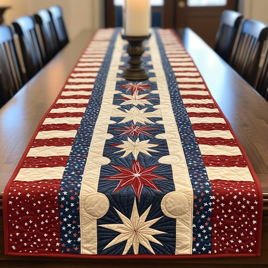 Patriotic Star Blocks in Red Blue Table Runner