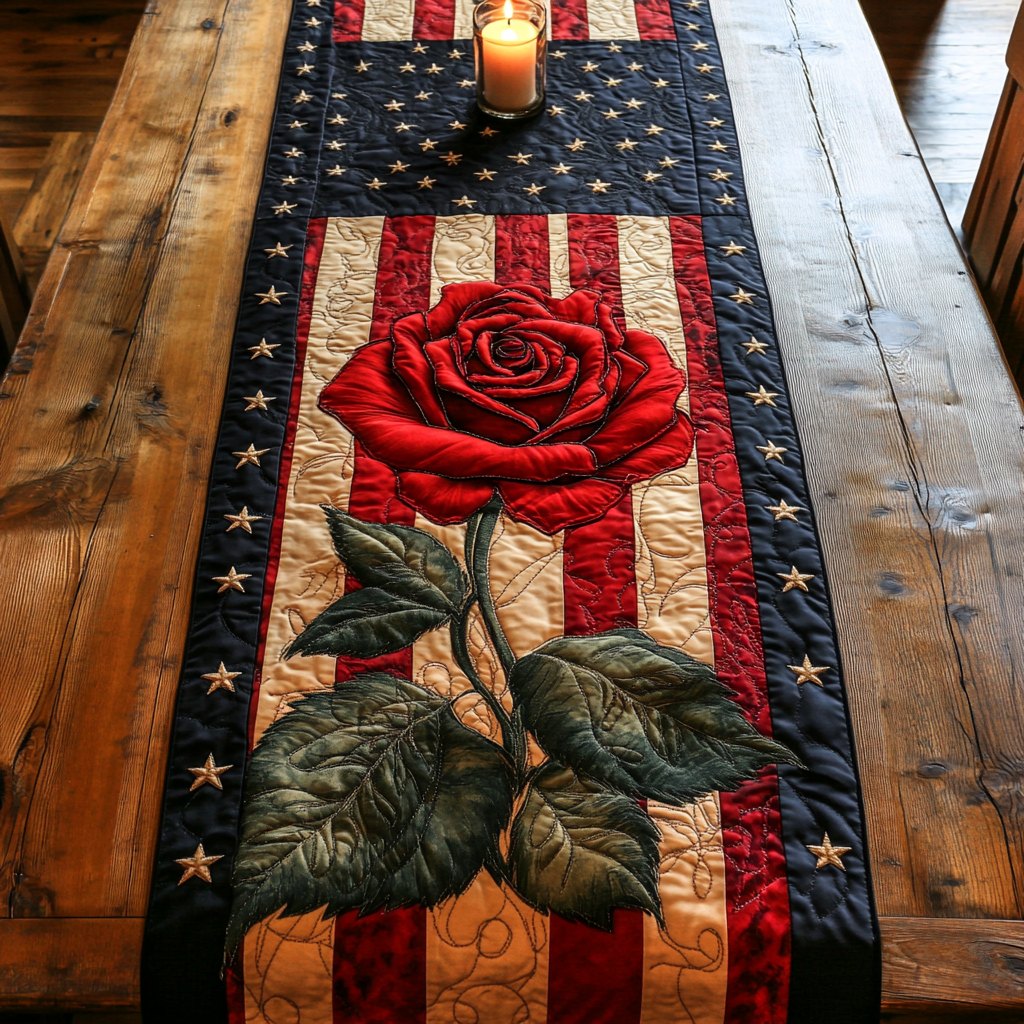 Red Rose on Flag Stripes Table Runner
