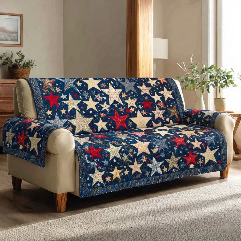 Cream and Red Stars on Navy Sofa Cover