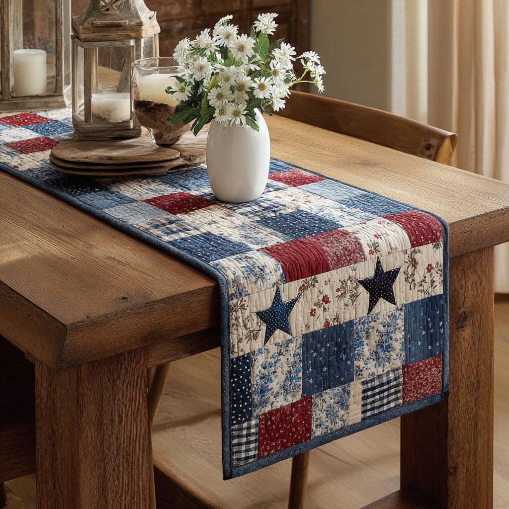Patriotic Patchwork with Navy Stars Table Runner