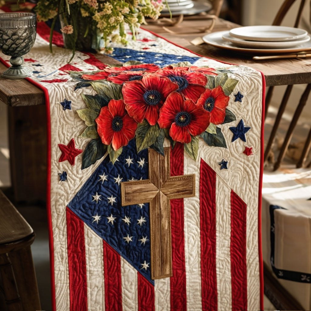 Wooden Cross with Poppies on Flag Table Runner
