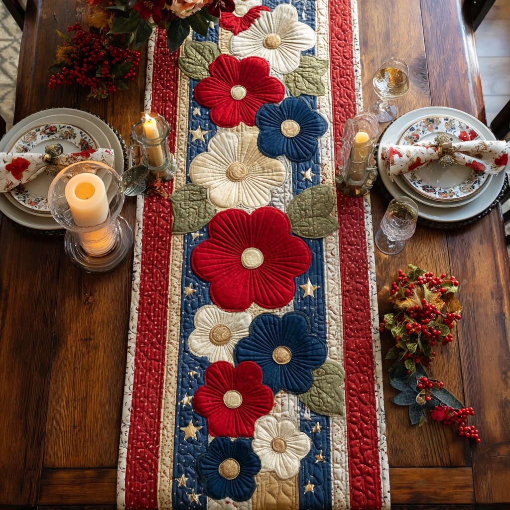 Red and Cream Flowers on Blue Stripes Table Runner